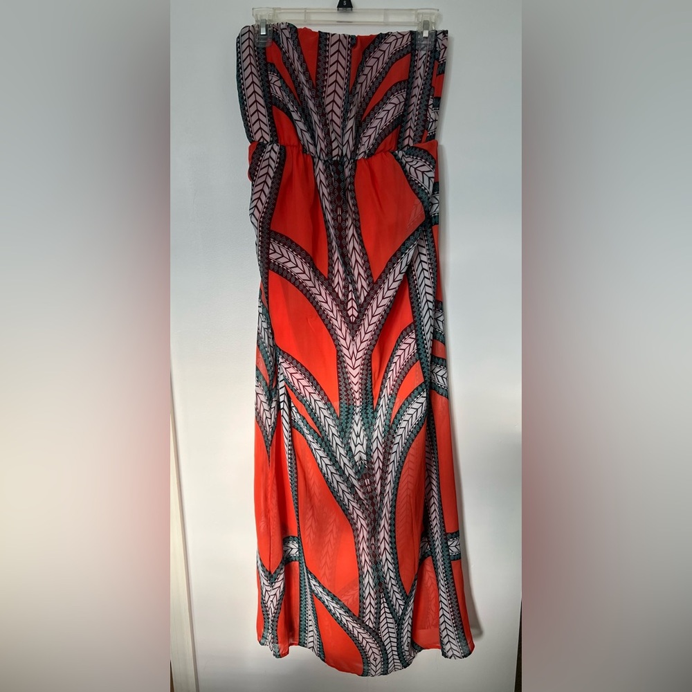 Vibrant Orange w/black, green, white Geometric Maxi Dress